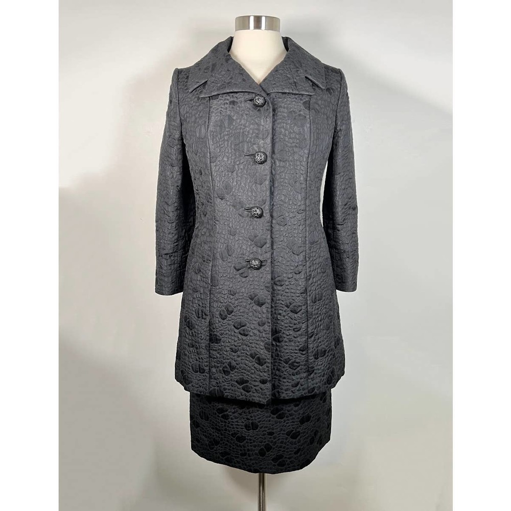 Vintage Marissa Bullock's Embossed Jacquard Longline Jacket & Skirt Suit Black